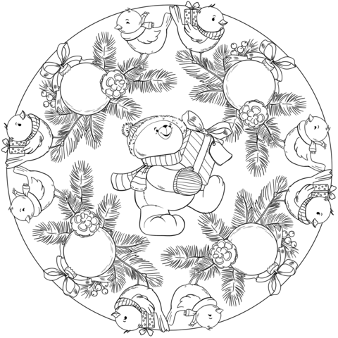 Mandala With Birds, Christmas Ornament And Teddy Bear Holding A Present Coloring Page